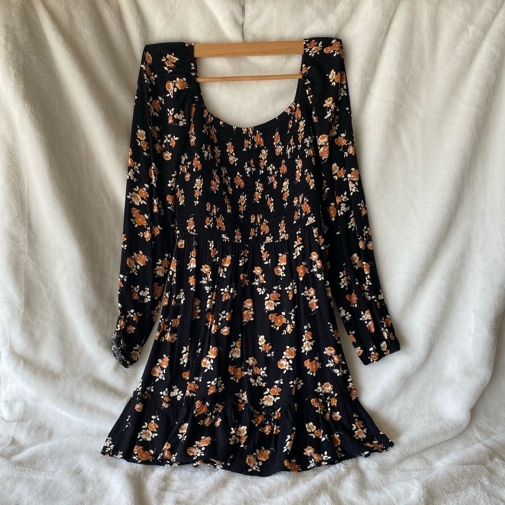Xhilaration Black Dress with Orange and Cream Floral Pattern
